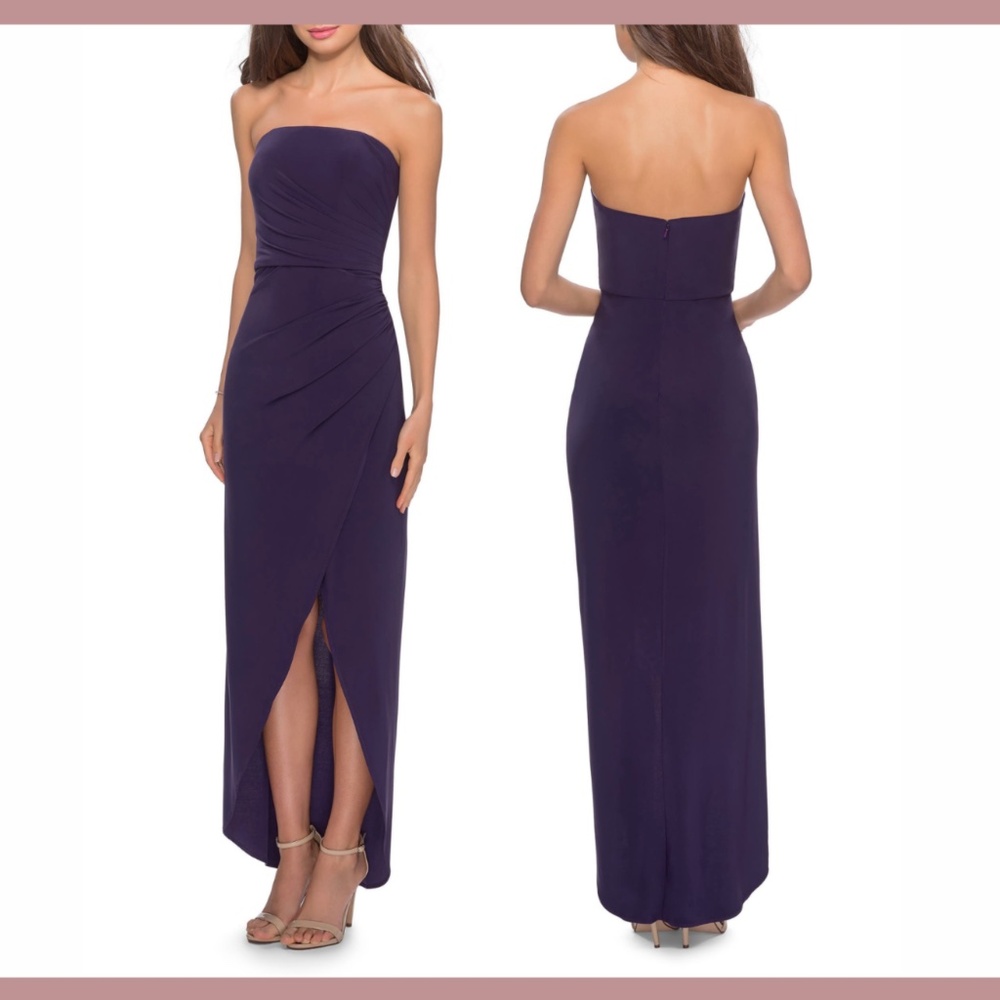 NEW La Femme [ 10 ] Strapless Ruched Soft‎ Jersey Gown in Dark Purple